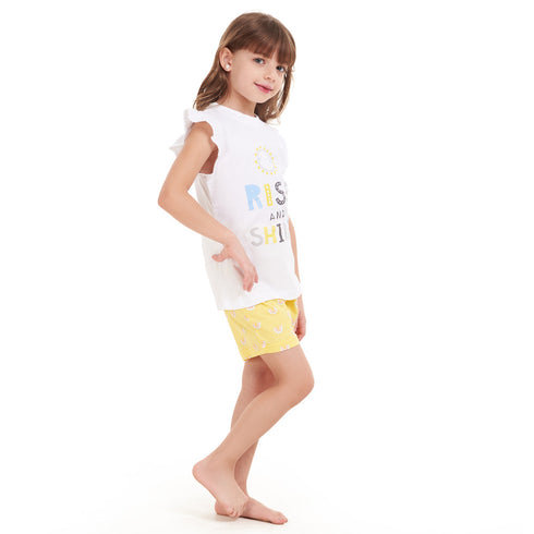 Girls summer pajama set Rise & Shine t-shirt + Pastel Yellow shorts